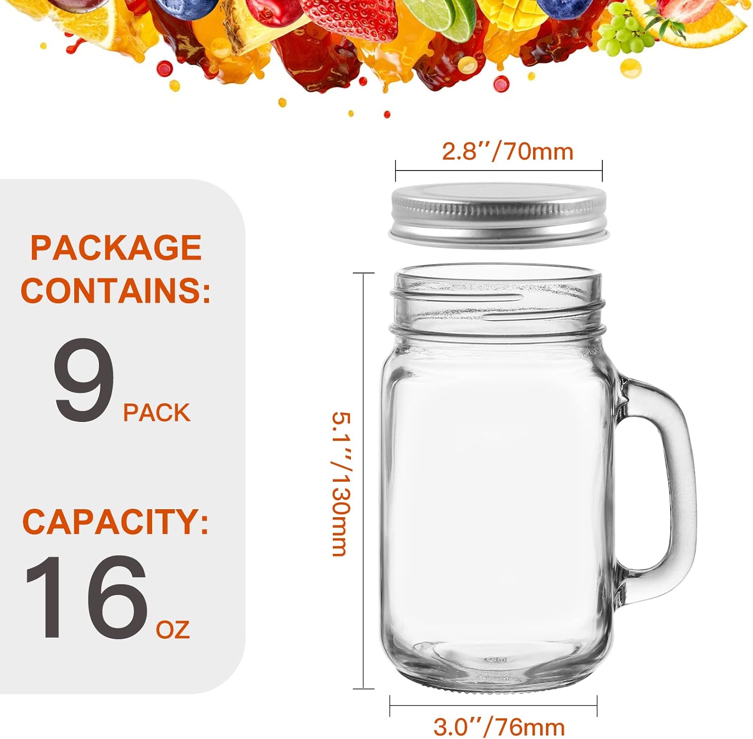 16 oz Handled Glass Mason Jars with Lids,9 Pack Drinking Mason Jars | 480ml Reusable Glass Overnight Oats Jar,Beer Mugs for Smoothies,Preserve,Cocktails,Party Favors