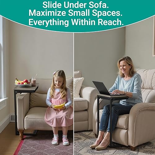 Miniatura 4 de Mesa auxiliar en forma de C con cubículo, base reforzada, mesas de sofá pequeñas que se deslizan por debajo, mesa C de 27 pulgadas de alto para