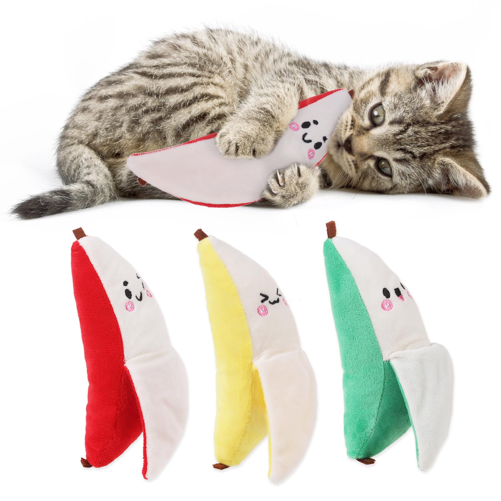 KOOLTAIL Cat Catnip Toys Banana, 3 Pack Expression Durable Soft Kicker Toy Filled with Natural Catnip Cotton