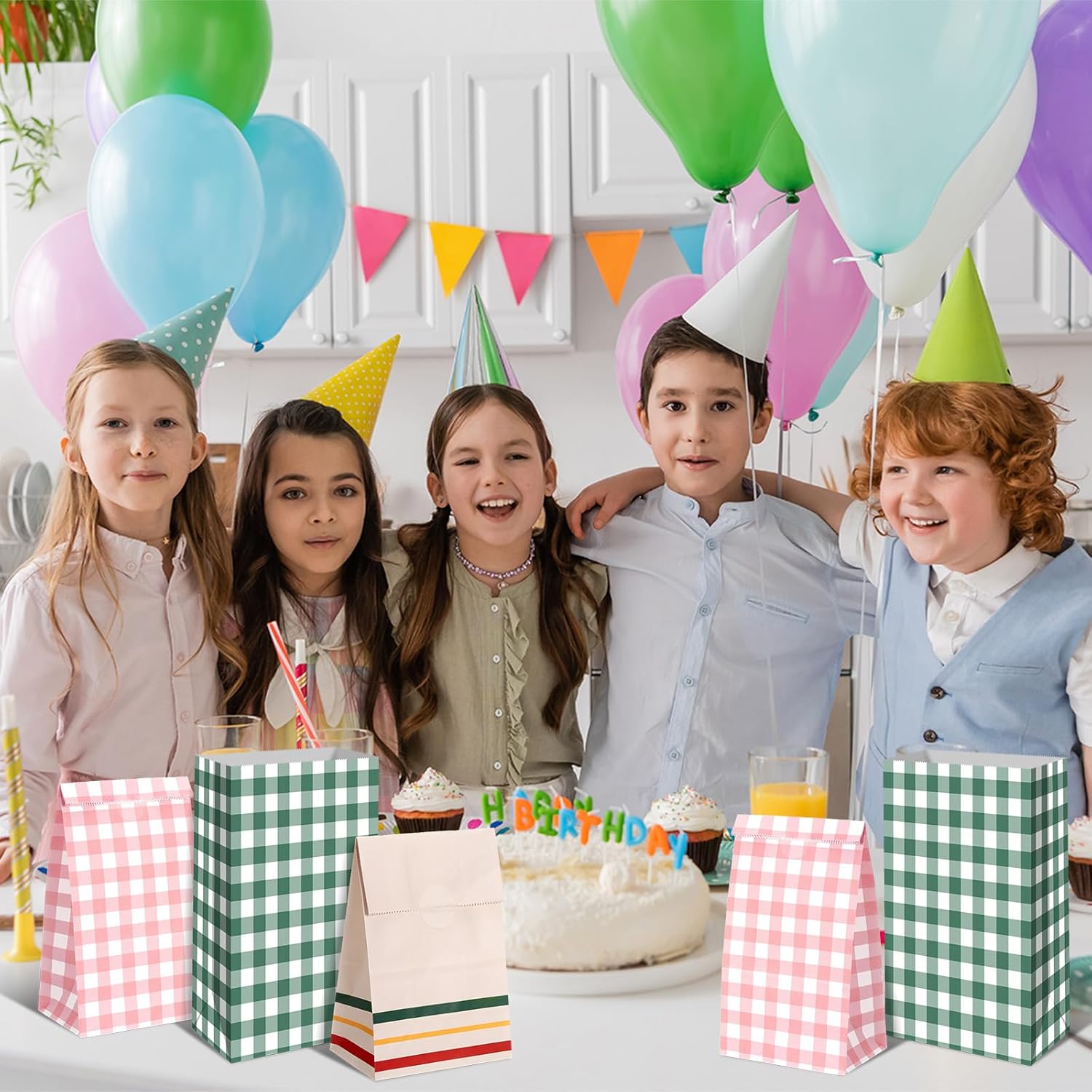 Kolldenn 36 Pcs Gingham Gift Bags Gingham Camp Paper Bag Pink Green Plaid Checkered Goodie Bags for Camp Bachelorette Baby Shower Wedding Birthday Easter Party Favor Supplies - Image 6