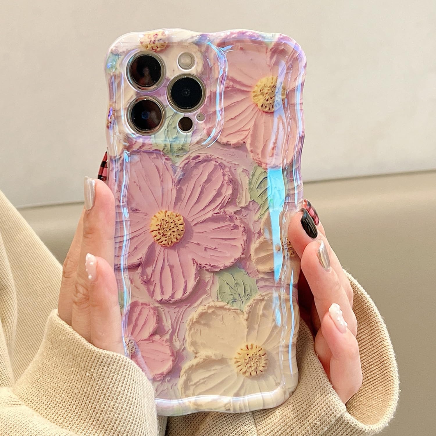 UEEBAI IPhone 16 Pro Hülle – Buntes Ölgemälde-Blumenmuster, Mit Griff & Ständerfunktion, TPU, Welliger Rand