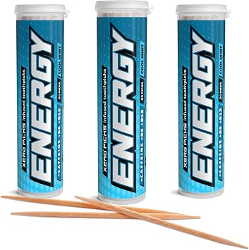 Xero Picks Energy Caffeine Flavored Toothpicks B12 for Focus & B6, 60 Picks Pack of 3 Cool Mint Sugar-Free Alternative to Energy Mints & Gum - Kosher