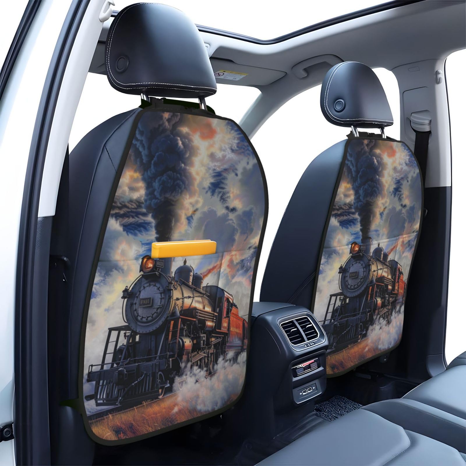 JTNWEC Steam Train Clouds Print Car Seat Kick Mats with Organisers 2 Pack Backseat Protector Seat Covers for Your Car, SUV, or Truck