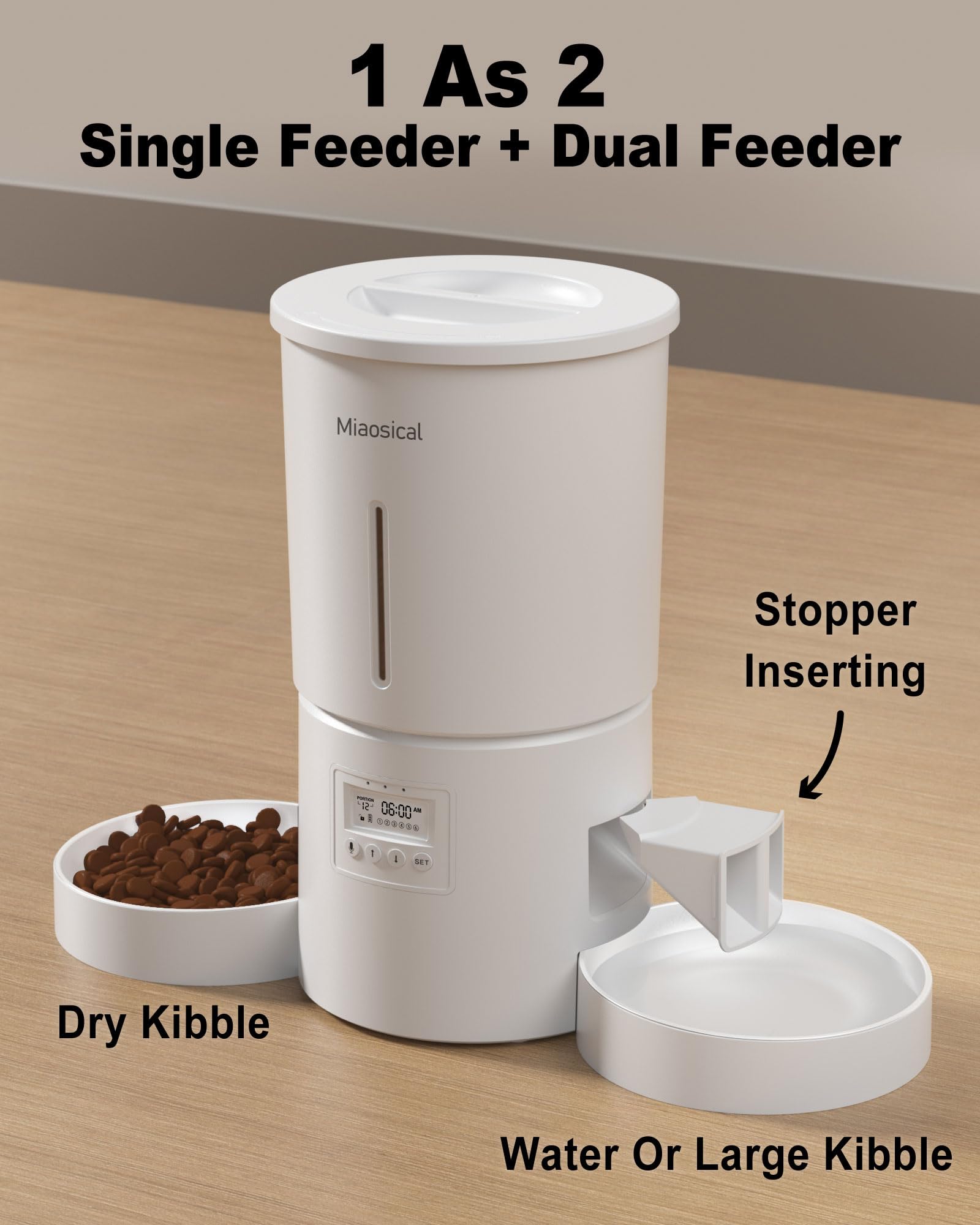 Miaosical Distributeur Croquettes Chat Automatique avec Double Bol pour 2 Chats, Chatons et Petits Chiens (Blanc, 4.2L+De Base 2 Bols)