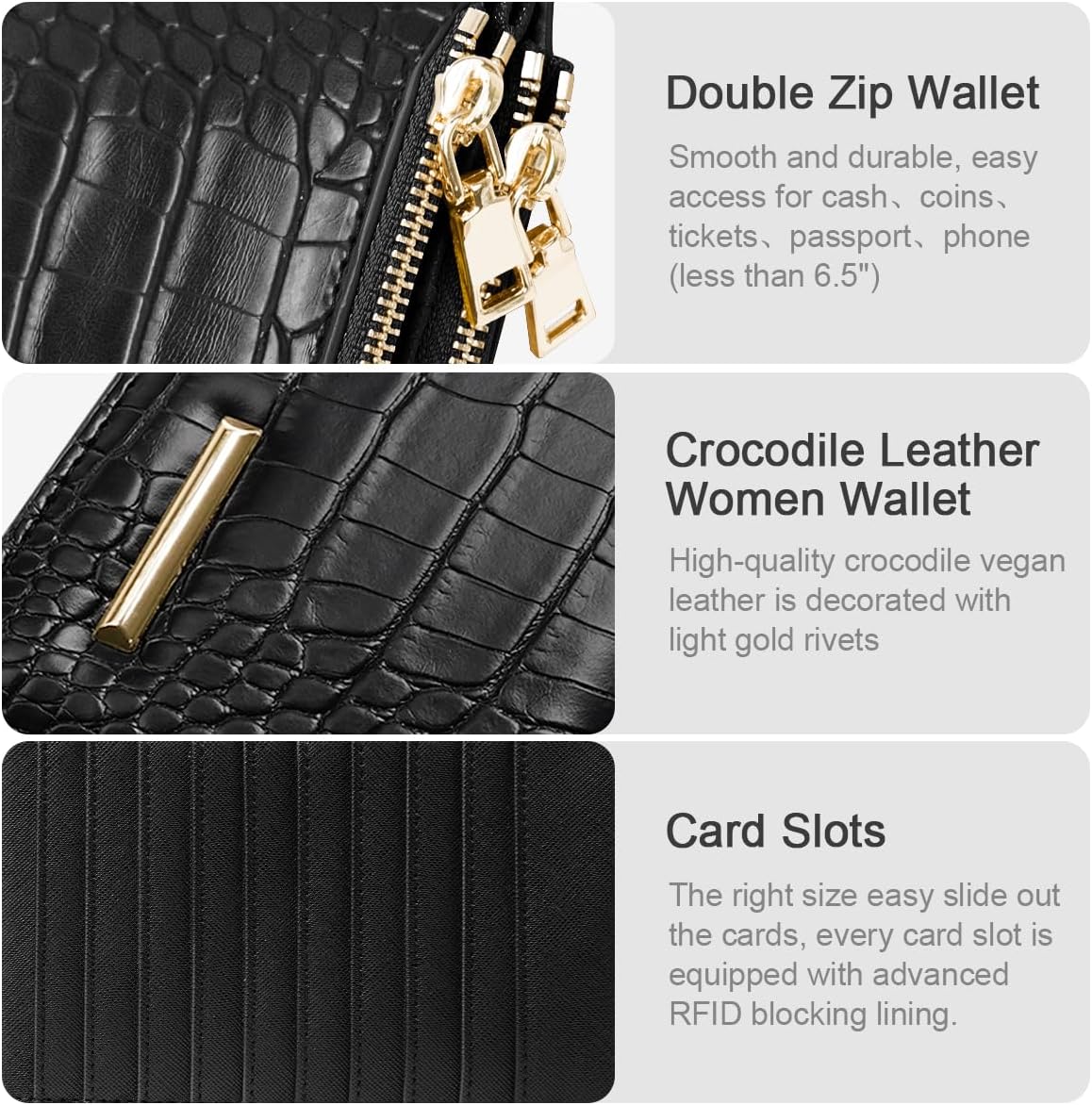 Women Wallet Large Capacity Wallets Crocodile RFID Blocking Multi Card Organizer Womens Billfold Long Purse Credit Cards Holder with Double Zipper,Black - Image 4