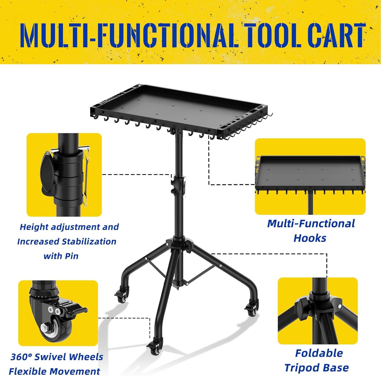 Small Rolling Tool Cart Adjustable Height with Magnetic Strip and Hooks, Portable Work Table with Wheels, Folding Work Table for Garage Rolling Tool Tray Mobile Workbench for Bike Workshop