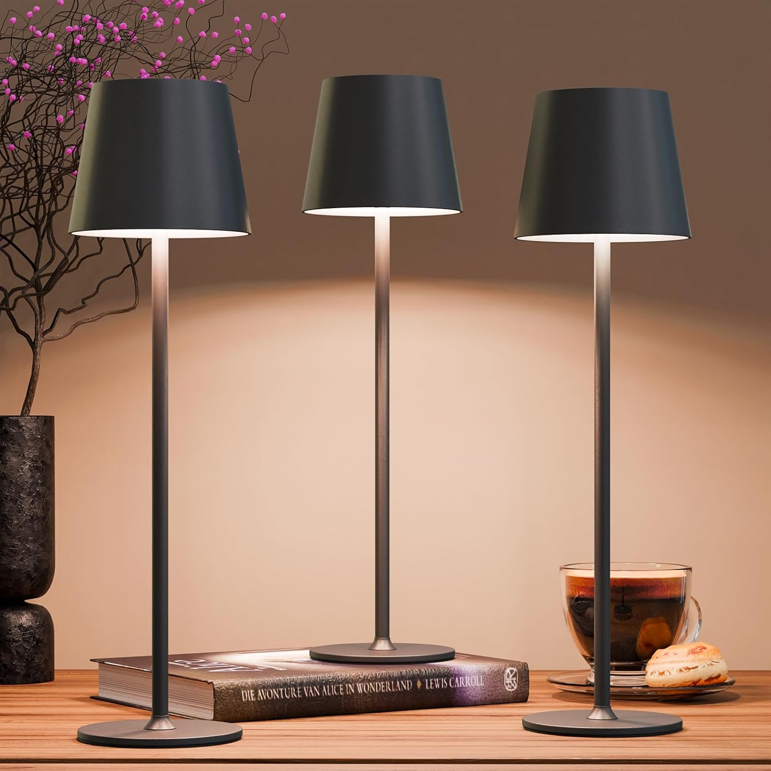 uuffoo 3 Pack Rechargeable Table Lamp Battery Operated Cordless Table Lamps with 3 Colors Stepless Dimming, Desk Night Light for Restaurant, Patio, Bedroom, Bar (Black)