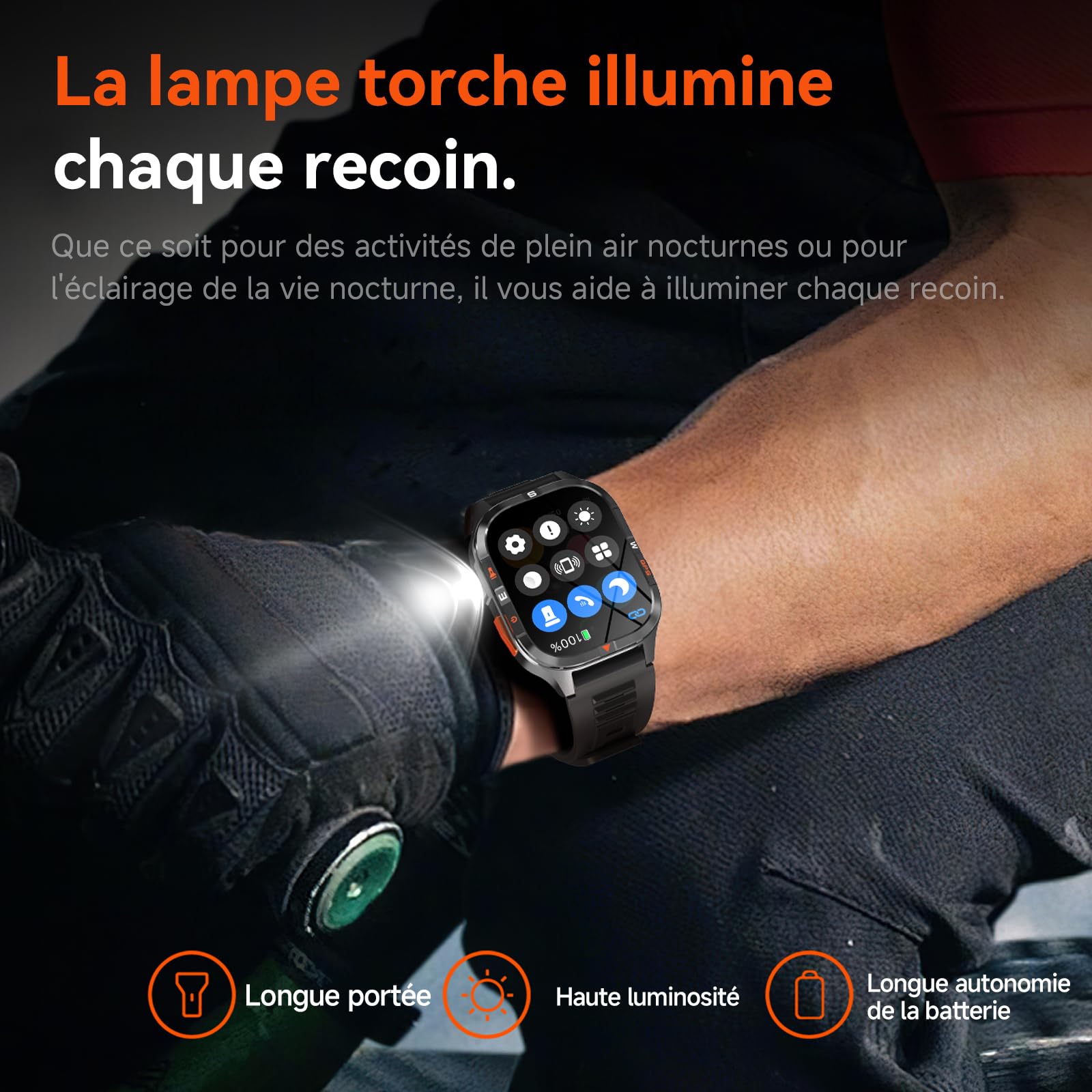 Montre intelligente GPS militaire pour hommes avec boussole/lampe de poche, montre intelligente à écran HD 2,01" avec assistant vocal/appel Bluetooth, pour Android et iOS, Montre Fitness de sport