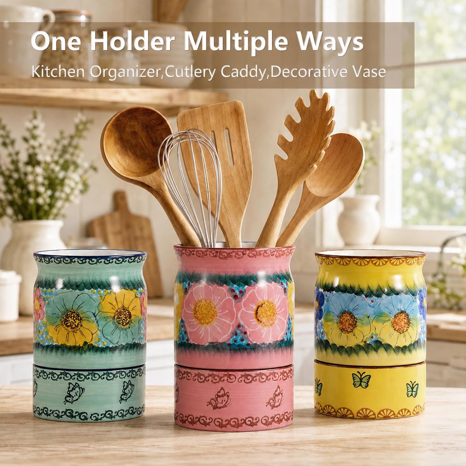 Ceramic Kitchen Utensil Holder with Draining Base 5.6" Handmade Stable Utensil Crock for Kitchen Countertop Floral Kitchen Organizer Cooking Tool Holder for Spoons Forks Pink