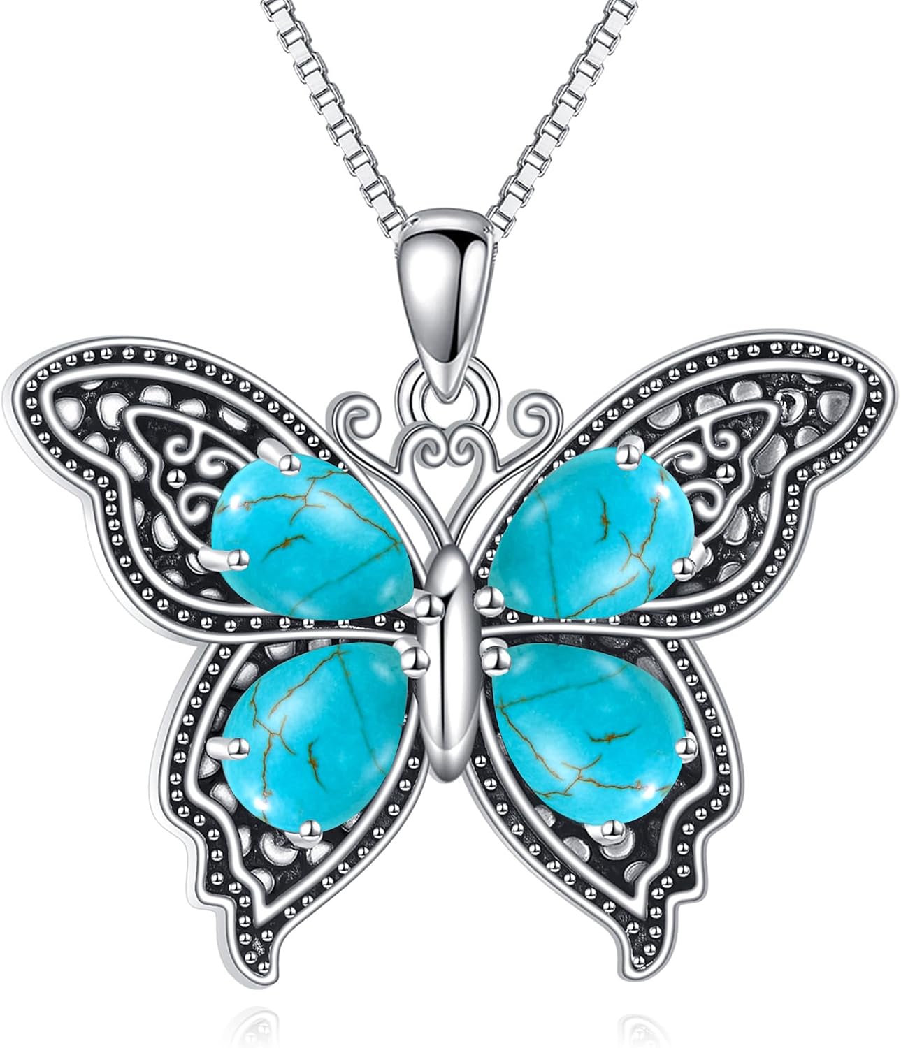 Genuine Turquoise Butterfly Pendant Necklace, 925 Sterling Silver Boho Vintage Southwestern Jewelry Birthday Gift for Women