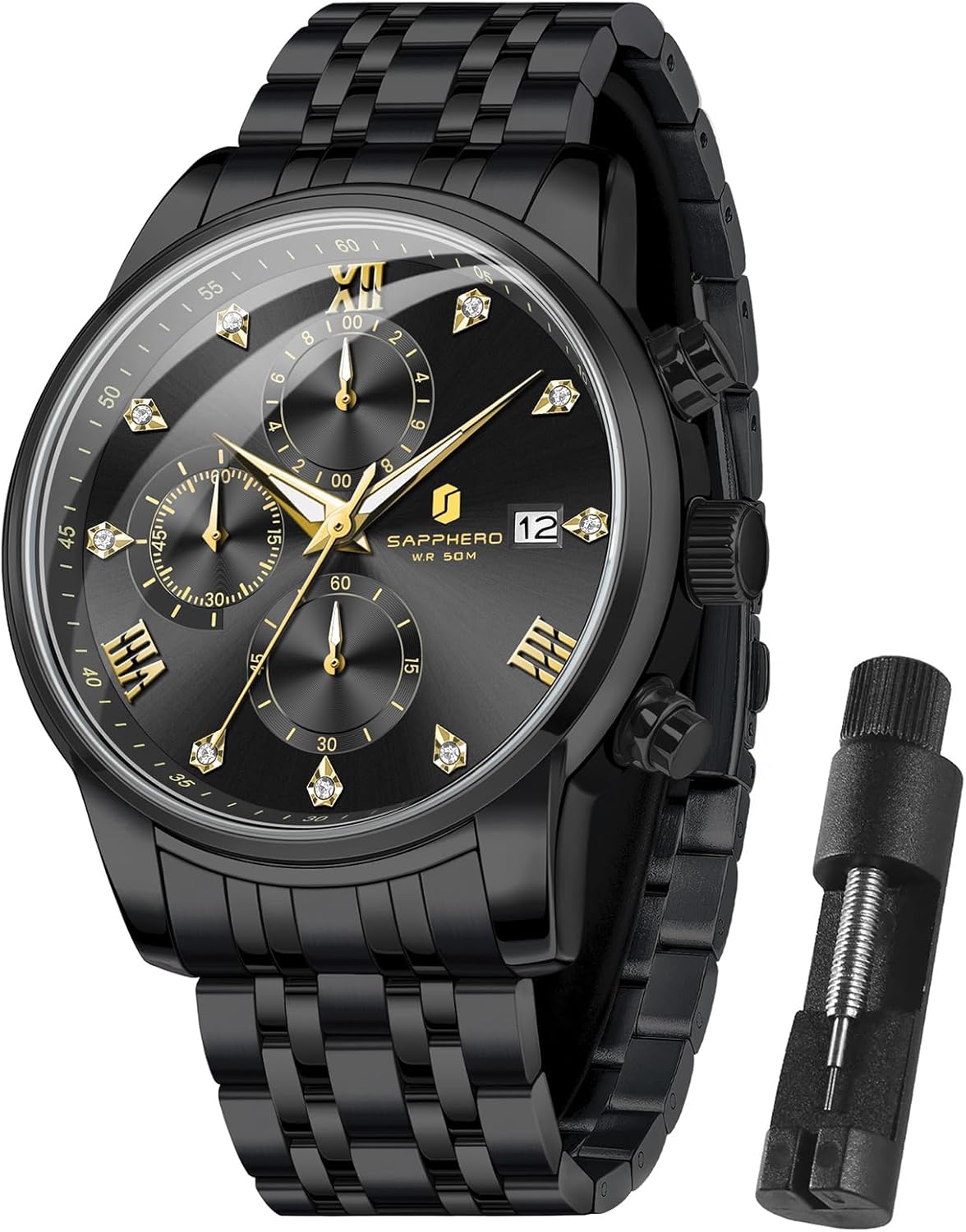 SAPPHERO Round Stainless Steel Watch for Men, 50M Waterproof Luminous Stylish Mens Gift Wristwatch with Date Display and Analog Quartz Design