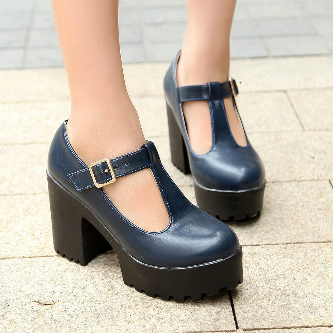 MAVMAX Women's T-Strap Platform Gothic Chunky High Heel Pumps Round Toe Vintage Mary Jane Shoes