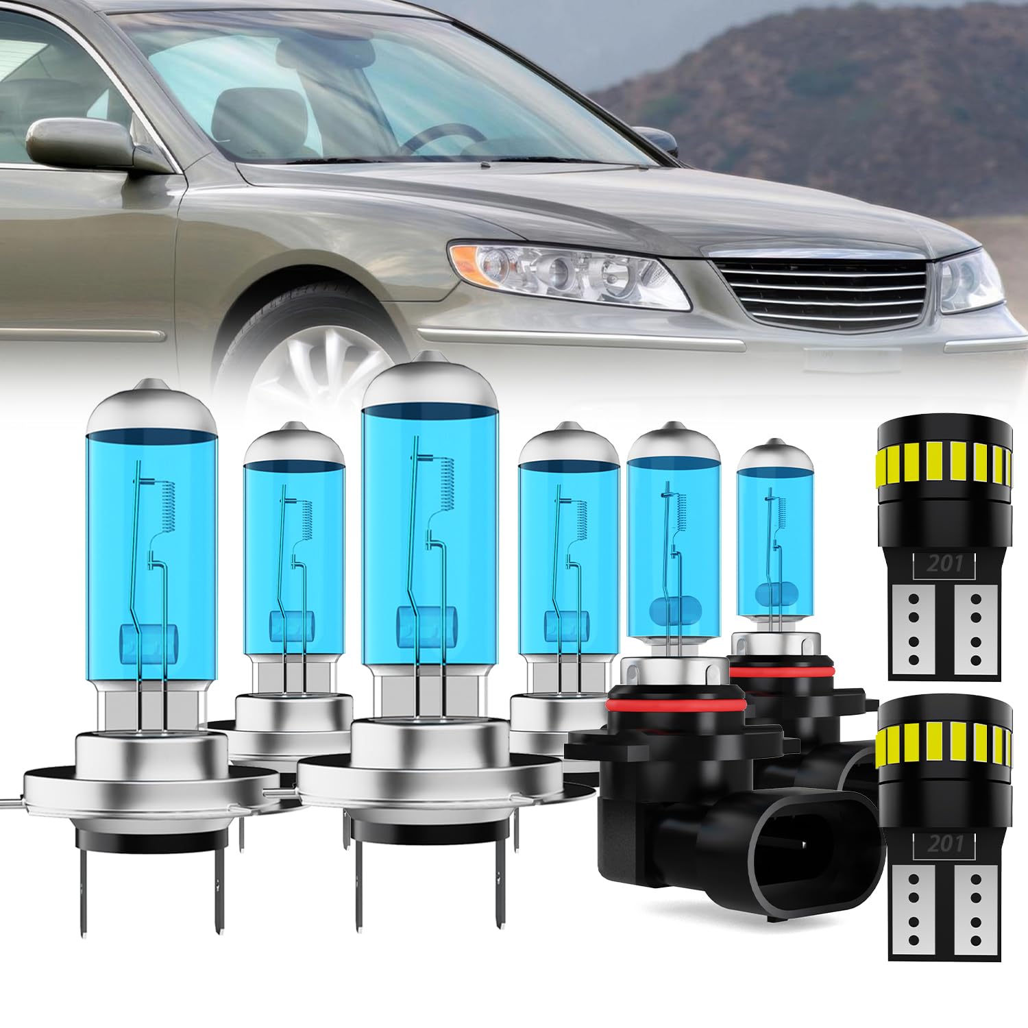 Headlight Bulbs License Plate Lights Fit For Hyundai Azera 2006, H7 High Beam + H7 Low Beam + 9006 Fog Lights Halogen Light Bulb + License Plate Lights, Pack of 8