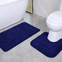 Navy Blue Bath Mat Set of 2, High Density Soft Microfiber Non-Slip Bathroom Mats with Water Absorbent, 53x86 cm Bathtub Decor Rug & 50x50 cm Toilet Pedestal Carpet, Machine Washable
