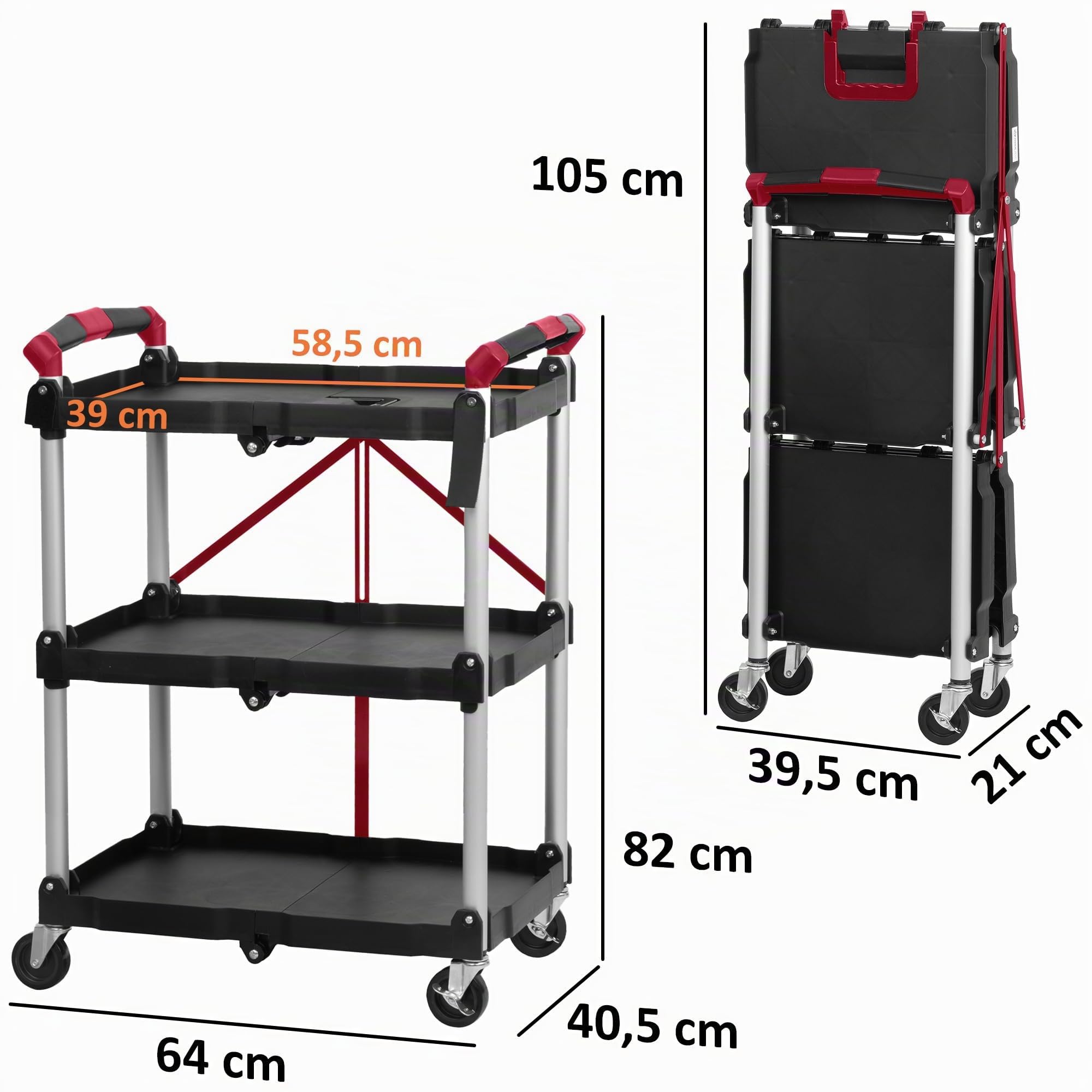 Mahlzeit Carrello da Portata Pieghevole con Ruote, 64 x 40,5 x 82 cm, Portata Fino a 150 kg, Scaffale Pieghevole a 3 Livelli, Rosso/Nero