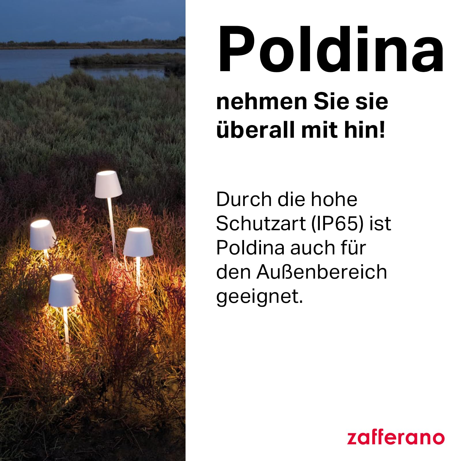 Zafferano, Poldina Pro Lampe, Kabellose, Wiederaufladbare Tischlampe mit Touch Control, Auch für den Außenbereich Geeignet, Dimmer, 2200-3000 K, Höhe 38 cm, Farbe Schwarz