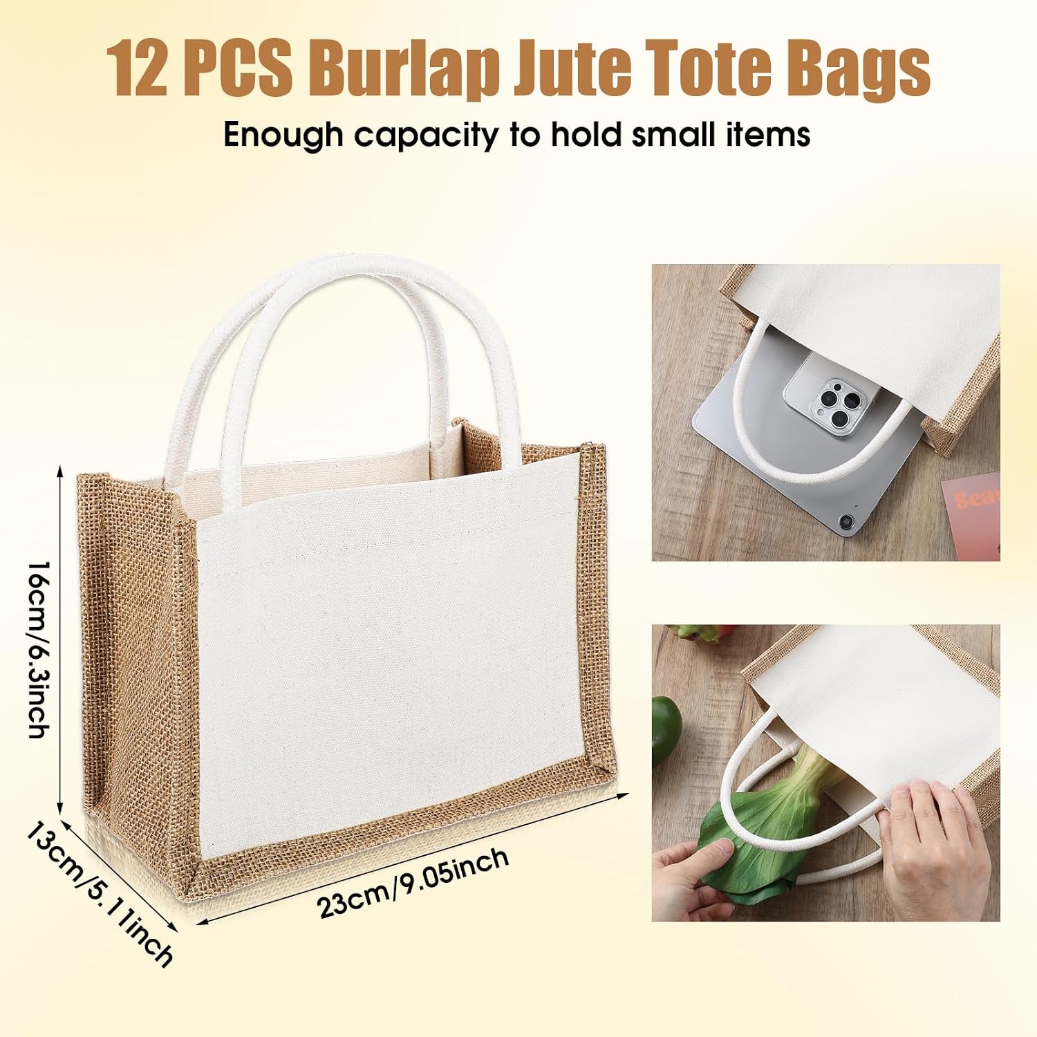 12 Pcs Burlap Tote Bag, Reusable Blank Jute Burlap Grocery Bag with Handle for Bridesmaid Gift Wedding Party Shopping Beach DIY