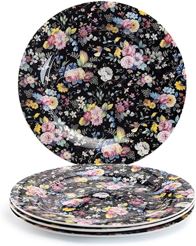 Gracie Bone China - Plato de postre y ensalada de rosas pequeñas, color negro, 7.5 pulgadas (juego de 4) (S15233G-BLA-5S4)