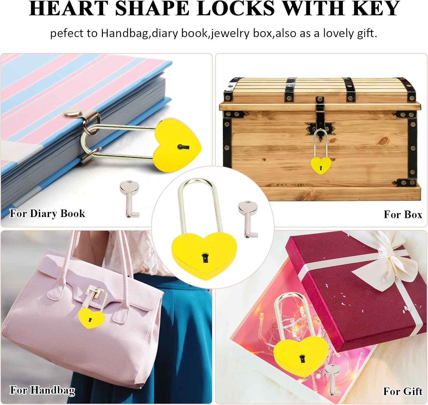 Love Lock Heart Padlock,Yellow Single Heart Wish Lock with Key for Lovers Wedding,Valentine's Day,Anniversary,Travel(with Key)