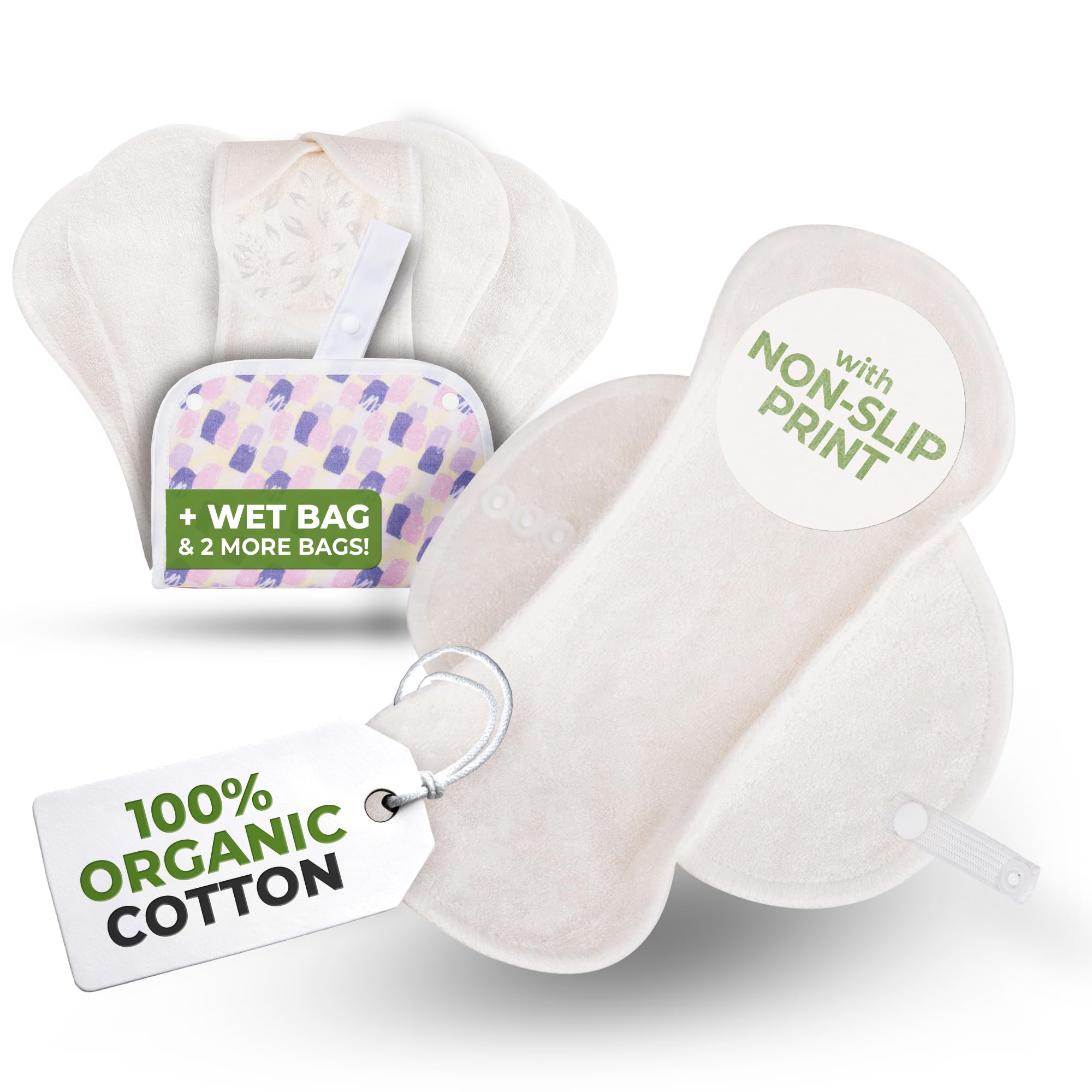 Non-Slip Organic Reusable Panty Liners for Women & Teens (Small, 7-Pack); High-Temp Washable Cotton Cloth Liners; Stay Fresh & Dry, for Daily Vaginal