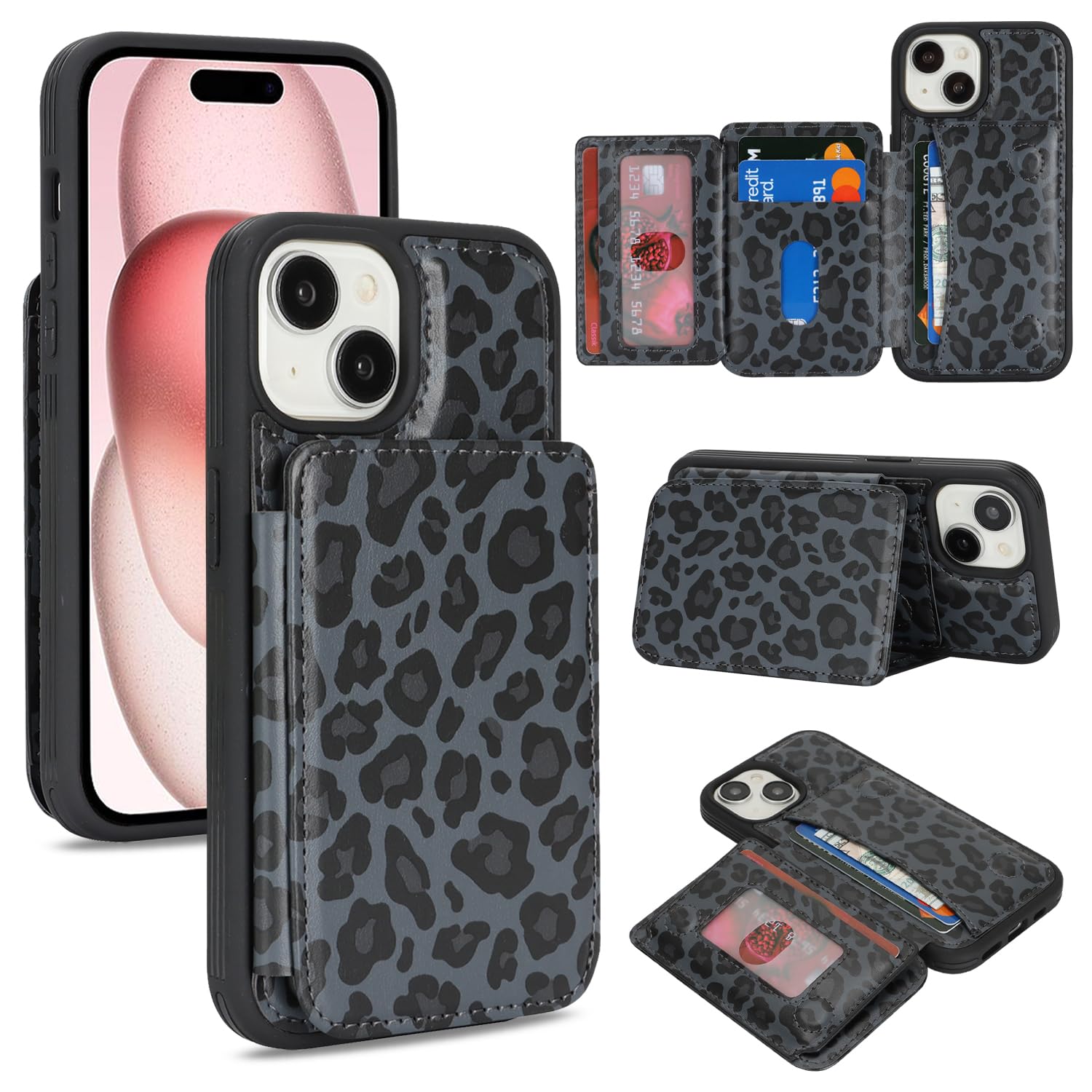 Photo 1 of Cavor Compatible with iPhone 15 Wallet Case with Card Holder, Credit Slots Kickstand Stand Phone Case for Women Men, PU Leather Protective Case-Black Leopard