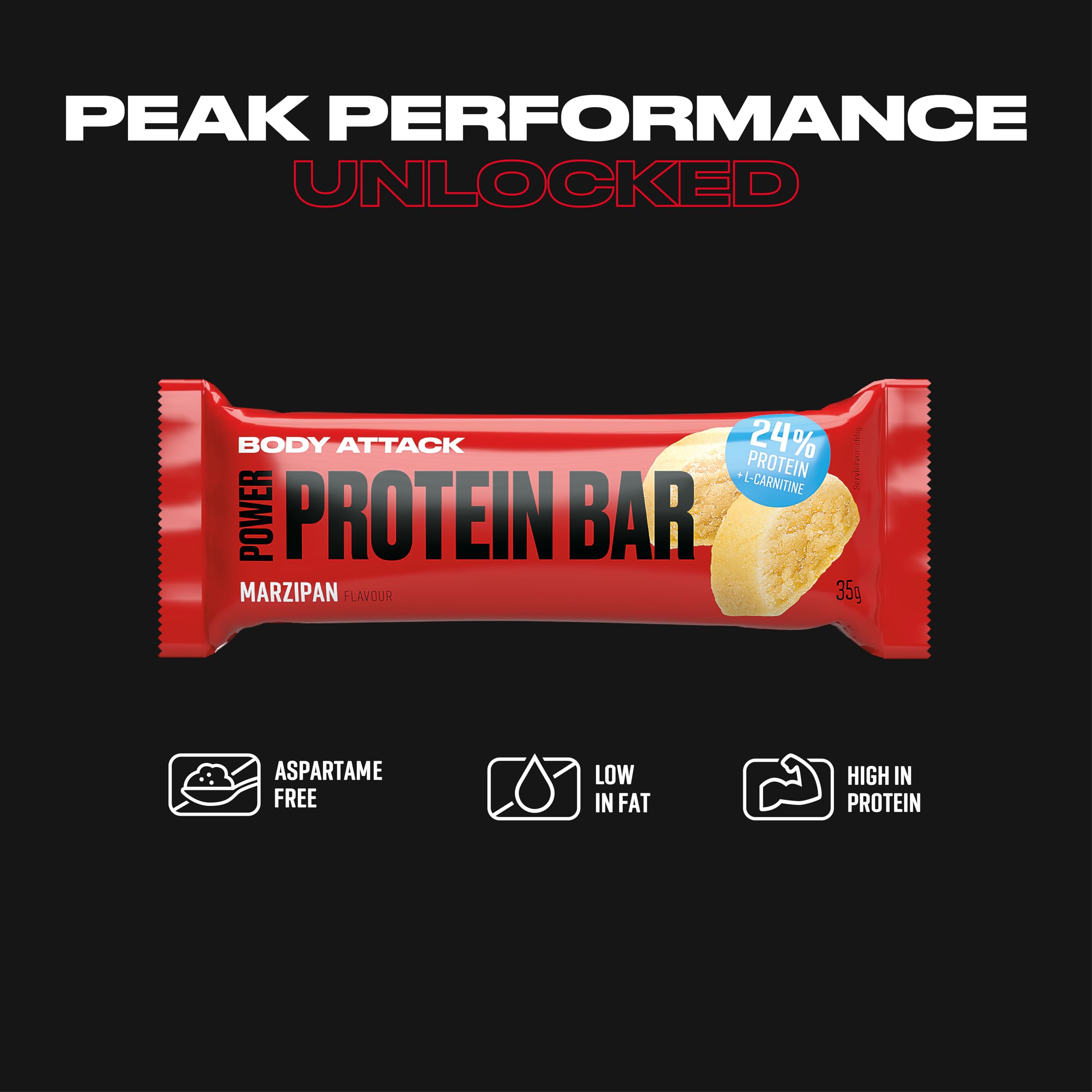 Body Attack Proteinriegel - Marzipan, 24 x 35 g - Fitness Protein Riegel fettarm - Eiweißriegel mit wichtigen Vitaminen, L-Carnitin & 25% hochwertigem Milcheiweiß - Made in Germany