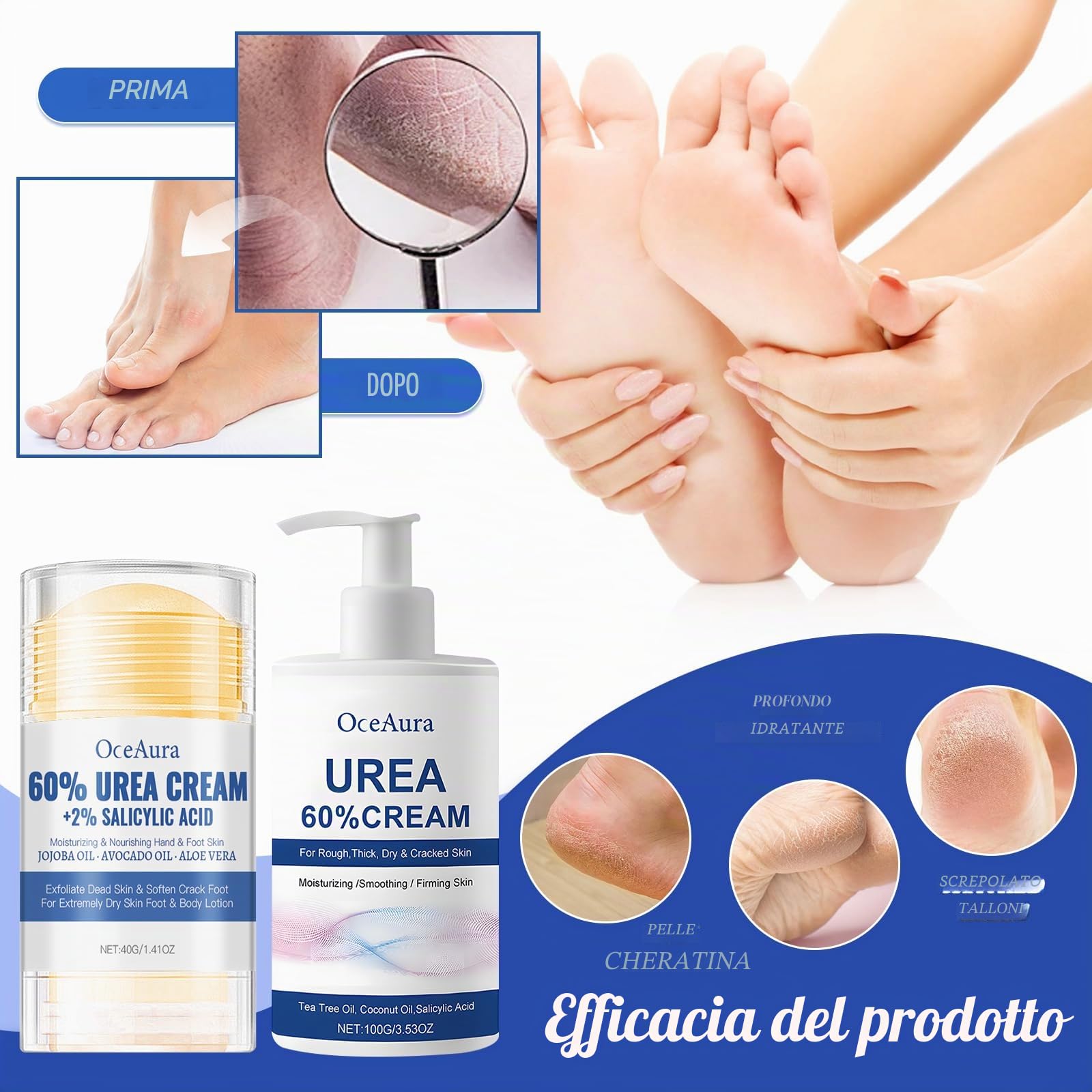 Crema Piedi Urea 60%,Crema Urea,100g panna Idratante +40g Foot panna Stick,Un'idratazione Profonda,per la Riparazione di e Mani,lozione per Piedi per Pelle Secca,Screpolata