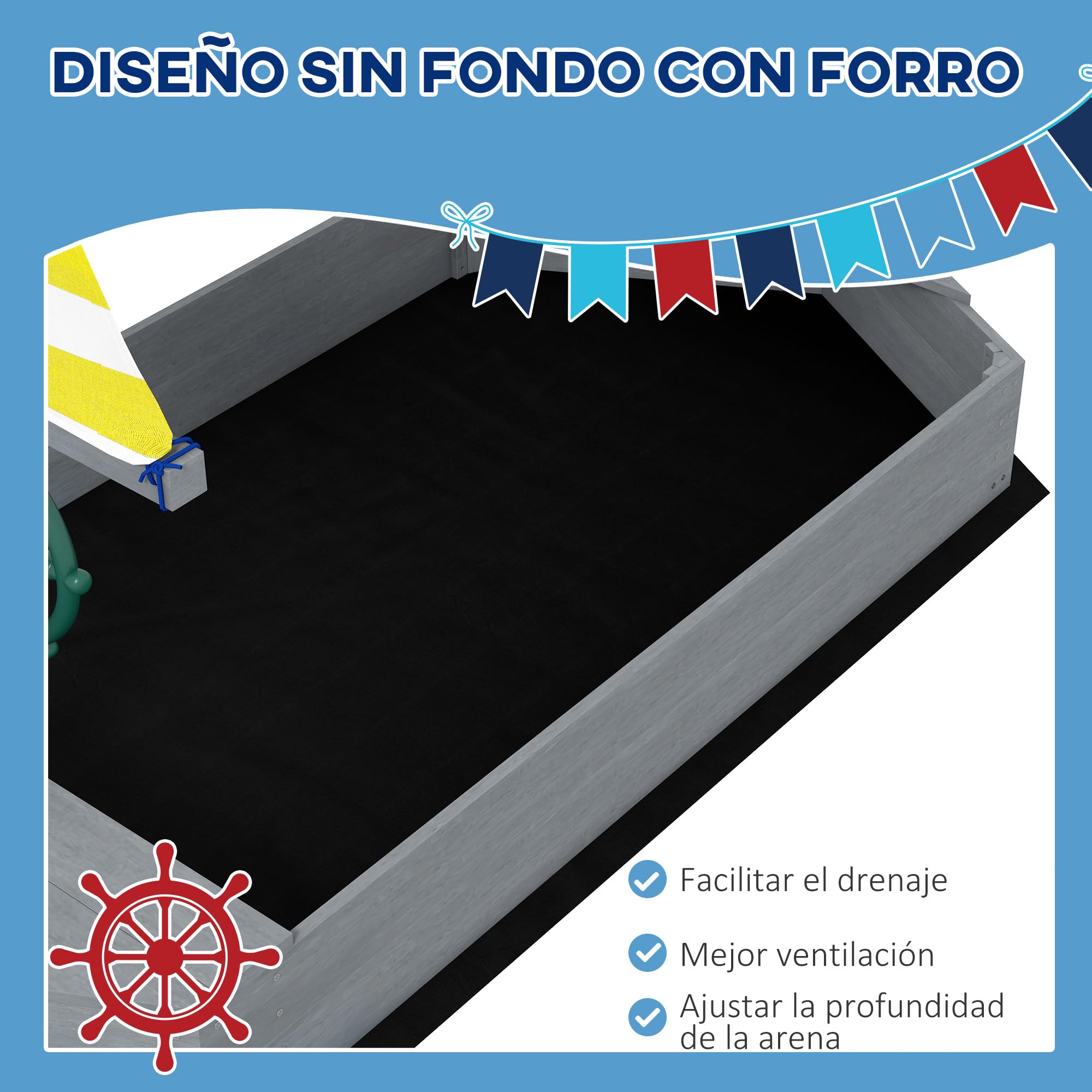 Outsunny Arenero para Niños de Madera Arenero Infantil con Bandera y Timón en Forma de Velero para Patio Jardín 190x90x138 cm GIRS Oscuro