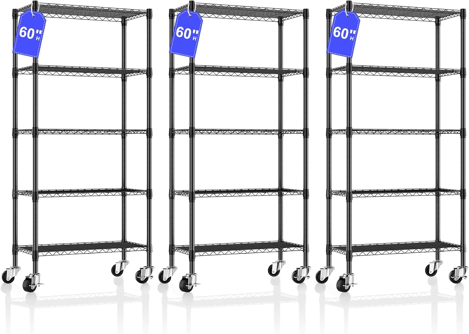 5 Tier Shelving Unit Wire Rack, Heavy Duty Adjustable Shelf Rolling Storage Shelves with Wheels, 14" D x 30" W x 60" H 750 lbs Capacity Kitchen Garage Pantry Shelves for Small Spaces