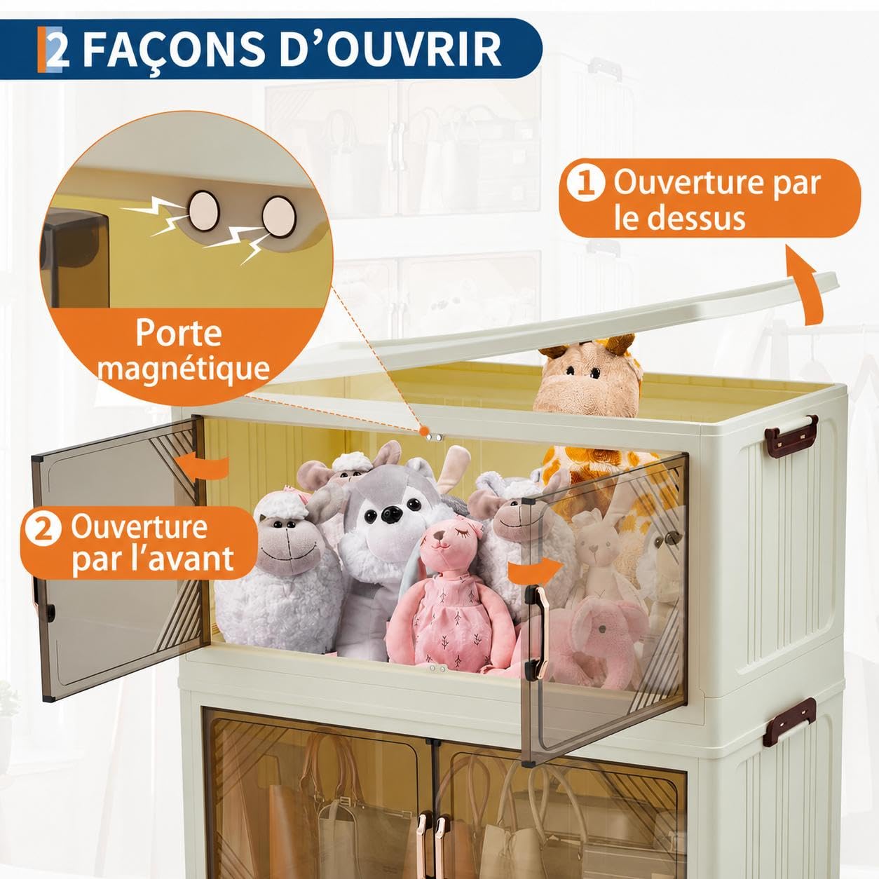 Grand capacité 630L – Boîte de rangement empilable avec couvercle et tiroirs pliables – Portes magnétiques, roulettes verrouillables – Parfaite pour chambre, armoire, bureau – Plastique