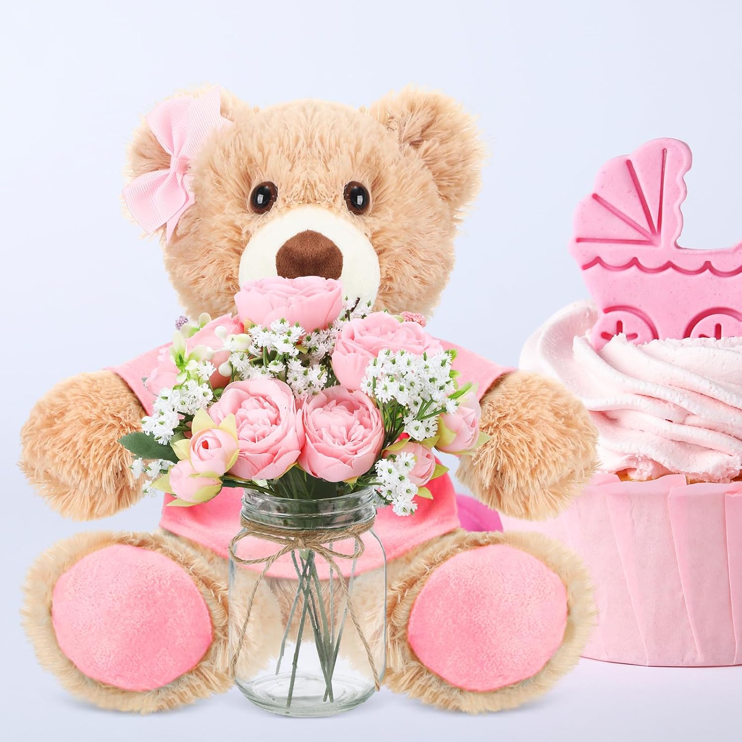 Pink 6 Set Baby Shower Bear Centerpieces for Tables Mason-Style Glass Jars with Artificial Peonies and Baby's Breath Rustic Table Decor for Gender Reveal Party Wedding