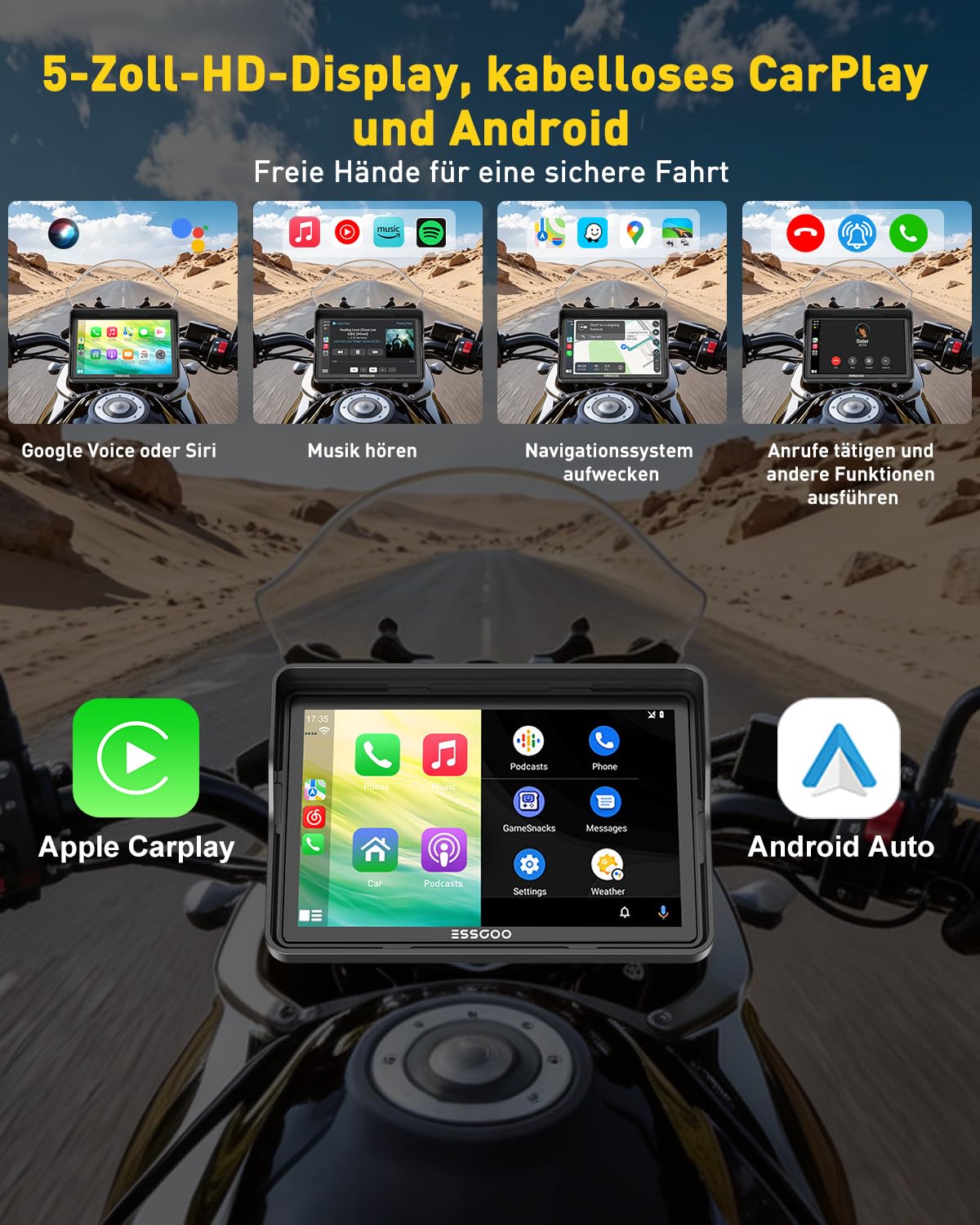ESSGOO 5 Zoll Motorrad Carplay Display,Kabelloses Motorrad Navigationsgerät mit Apple CarPlay & Android Auto,IP67 Wasserdicht,Dual Bluetooth 5.3,GPS Navigation,Sprachassistent,Acc Stromversorgung