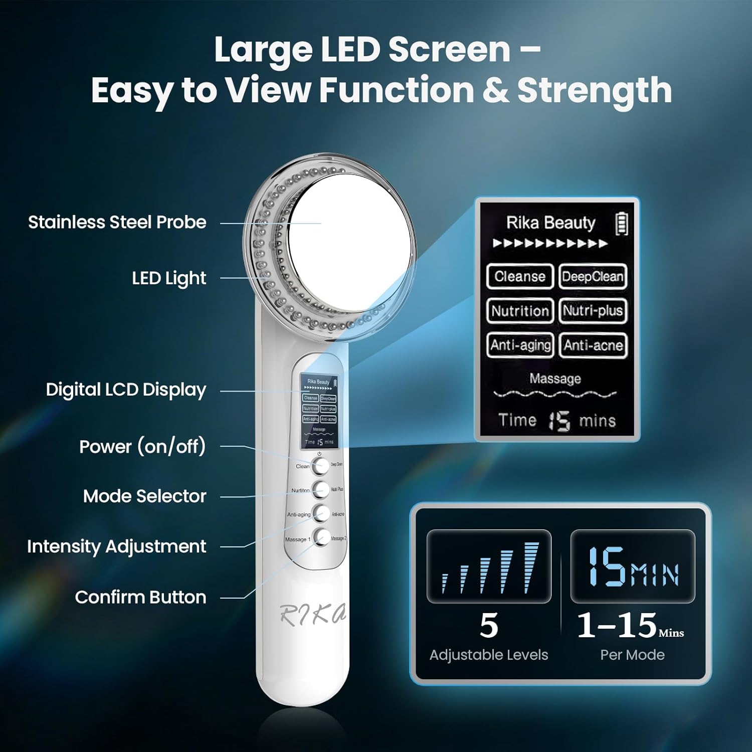Rika LED facial massager. Photo LED light therapy Facial Massager, Light Therapy Device for Acne, Vibration Skin Firming Care
