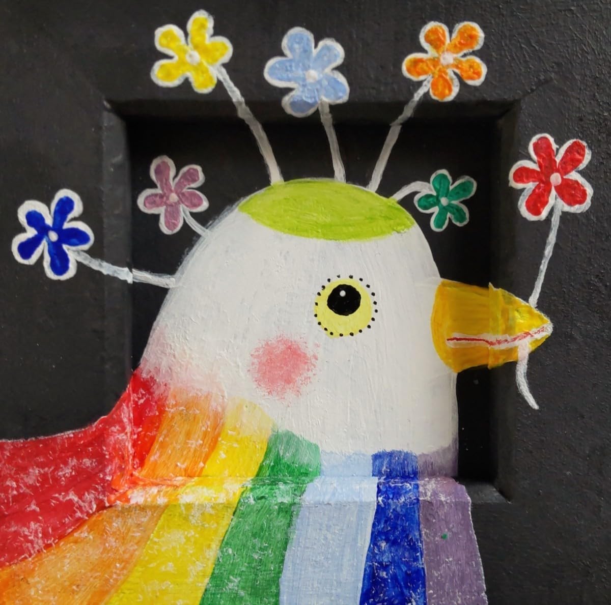 Amazon.co.jp: 絵画 原画『虹鳥の優しい花』ミニ額付 一点物 真作 鳥