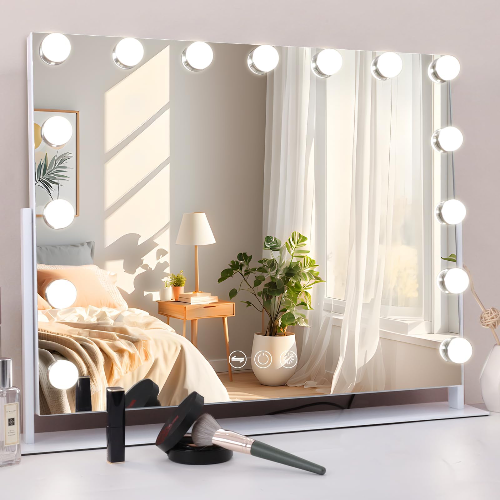 MISAVANITY Large Vanity Makeup Mirror with Lights 23"X18" Lighted Hollywood Mirror with 10X Magnification and USB Charger for Bedroom Dressing Room Tabletop 15 Dimmable LED Lights 360 Degree Rotating
