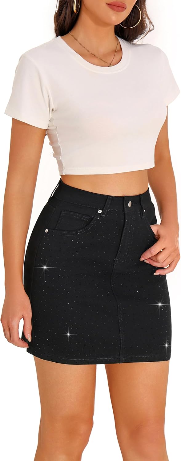 GUANYY Jean Skirts for Women Denim Sparkle Rhinestone Diamond High Waisted Stretch Mini Skirt - Image 8