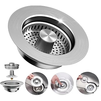 Kitchen Sink Plug 3 in 1 Strainer for Kitchen Sink and Sink Stopper 304 Stainless Steel Hole from 75 to 86 mm Depth > 40 mm Removable Kitchen Sink Strainer