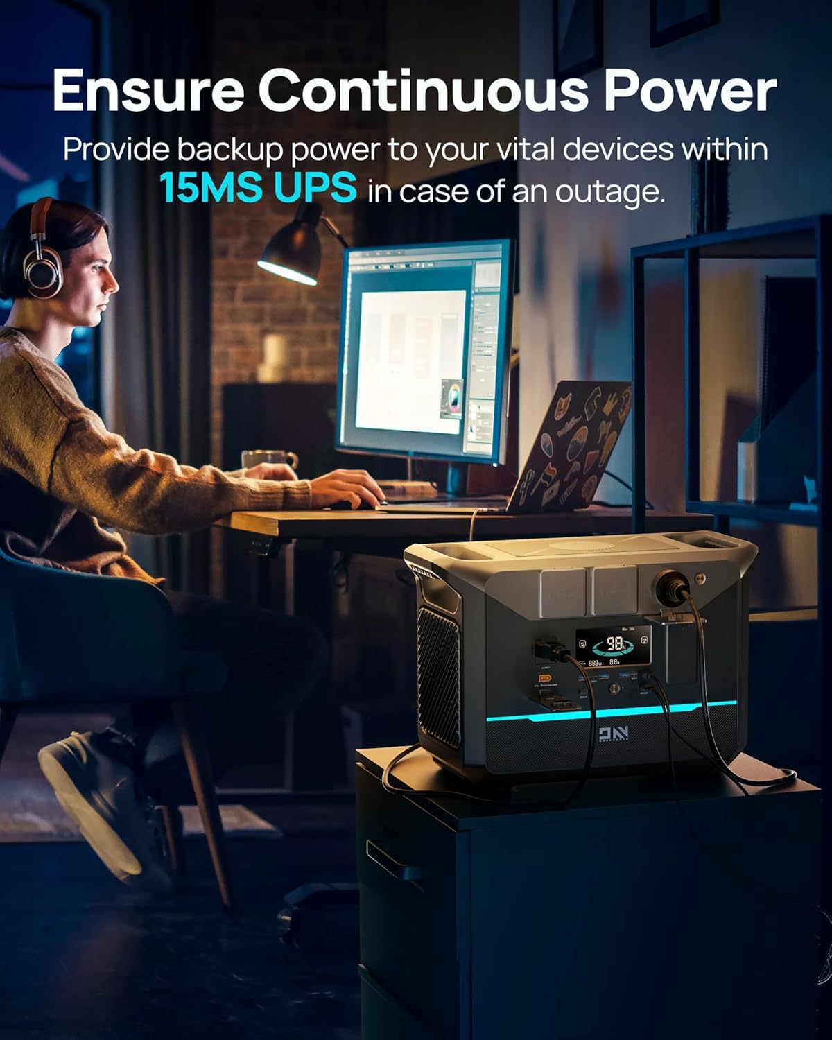 DaranEner NEO Portable Power Station providing UPS backup to a computer