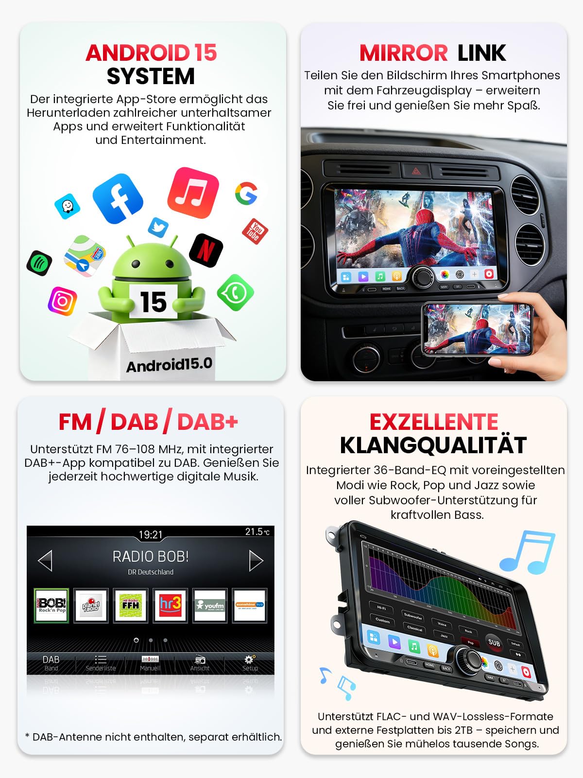 9" Doppel DIN Bluetooth Autoradio mit Bildschirm für VW Golf 5 6 T5 Polo 6R Caddy Passat Touran, Skoda, SEAT, Wireless CarPlay Android Auto Mirrorlink, Auto Radio, 4+64GB, WLAN DAB+ FM/AM GPS