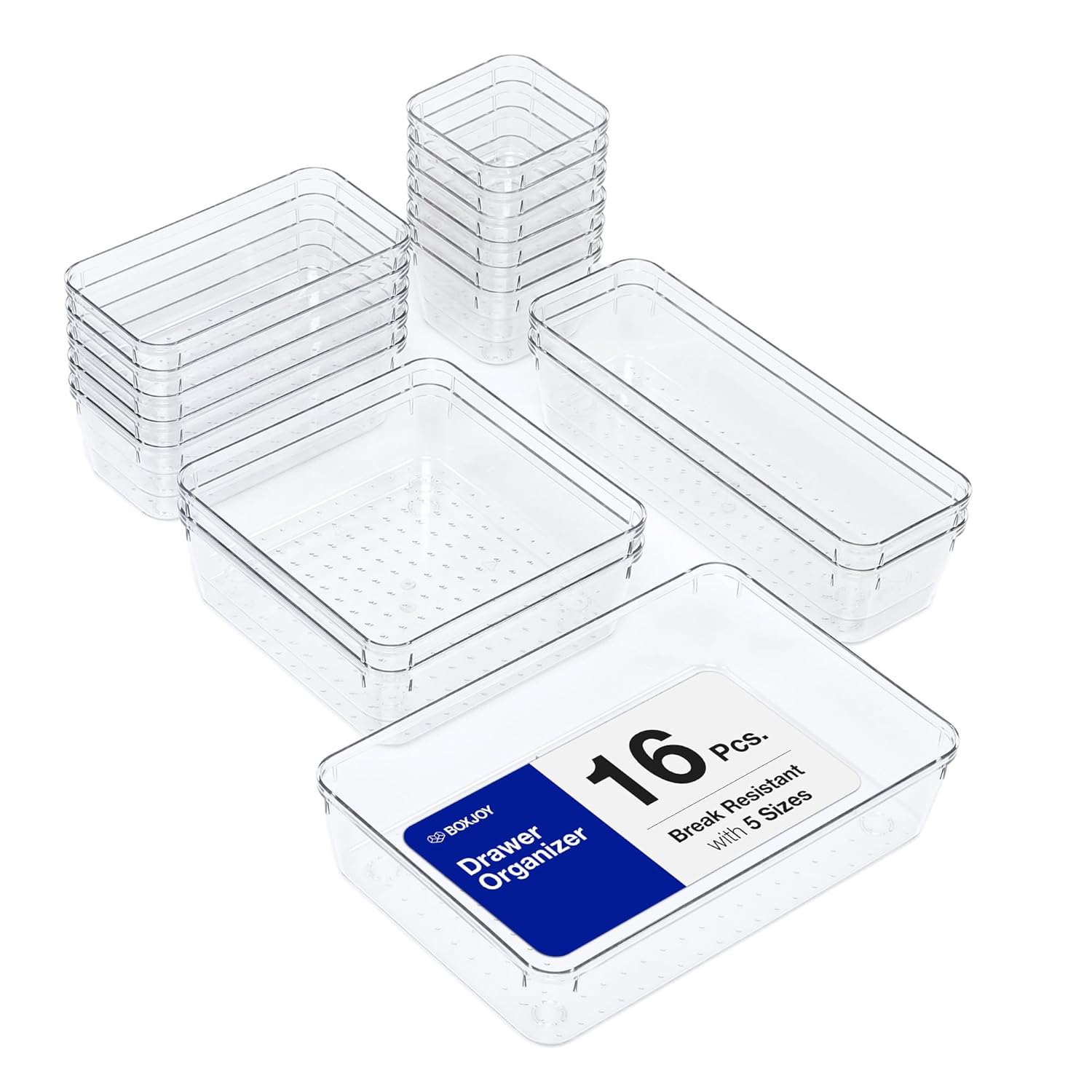 BOXJOY Set of 16 Break Resistant Smart Acrylic Desk Drawers Organisers Transparent Organizer Tray for Office Drawer Dressing Table Makeup Storage Cosmetic Bathroom Dividers and Make Up Plastic Boxes