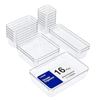 BOXJOY Set of 16 Break Resistant Smart Acrylic Desk Drawers Organisers Transparent Organizer Tray for Office Drawer Dressing Table Makeup Storage Cosmetic Bathroom Dividers and Make Up Plastic Boxes - image, photos