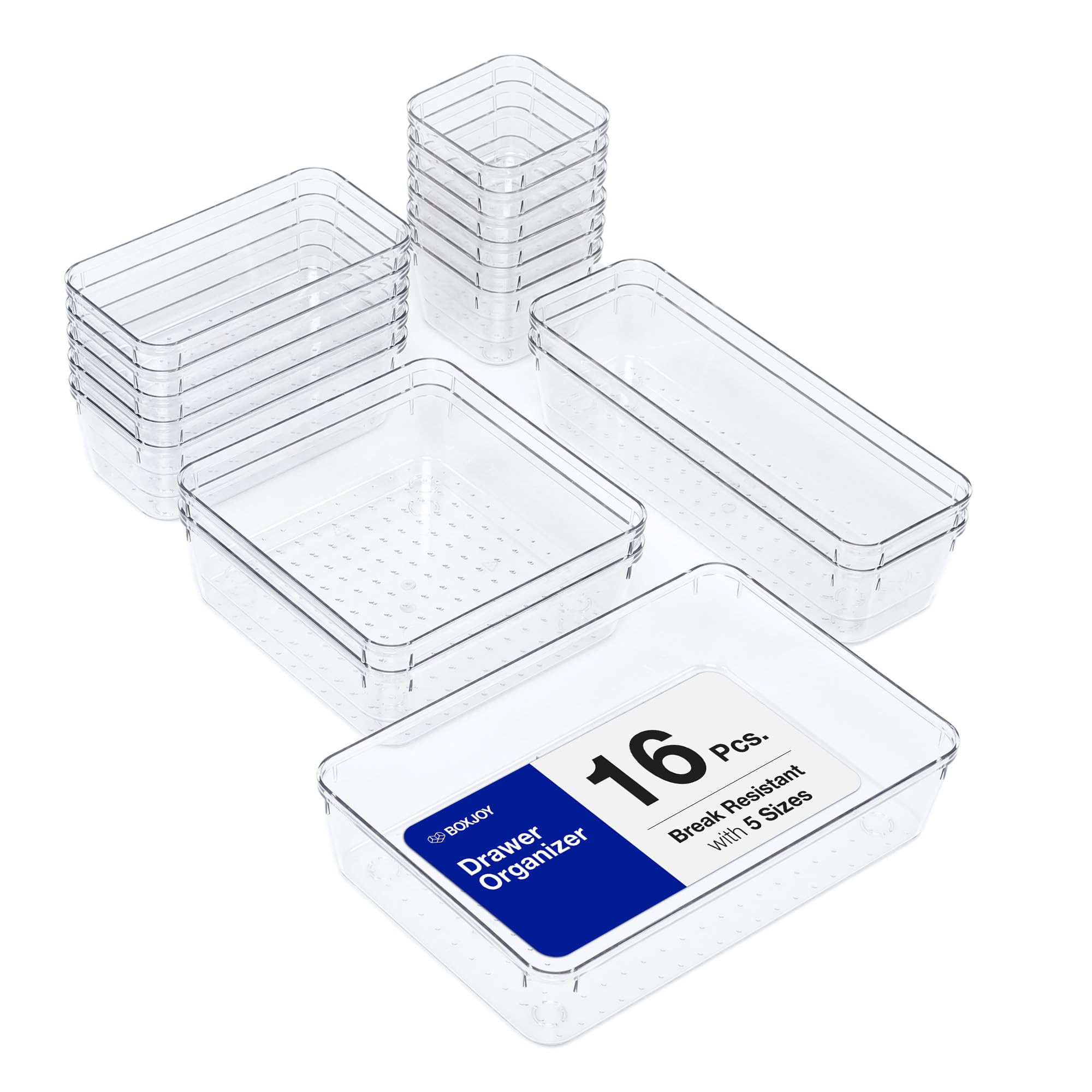 BOXJOY Set of 16 𝐔𝐧𝐛𝐫𝐞𝐚𝐤𝐚𝐛𝐥𝐞 Smart Acrylic Desk Drawers Organisers Transparent Organizer Tray for Drawer Dressing Table Makeup Storage Cosmetic Bathroom Dividers and Make Up Plastic Boxes-image-7