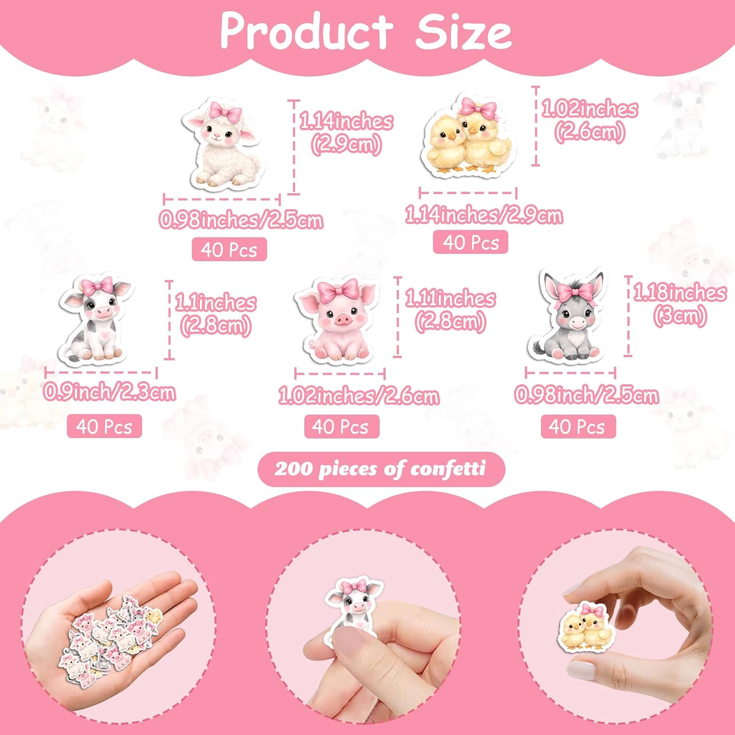 ZestZing 200Pcs Pink Bow Farm Animal Confetti Cute Barnyard Baby Shower Birthday Table Decor Double-Sided Paper Cutouts for Girls Party Scatter Decoration Farm Theme Celebration Supplies image 2