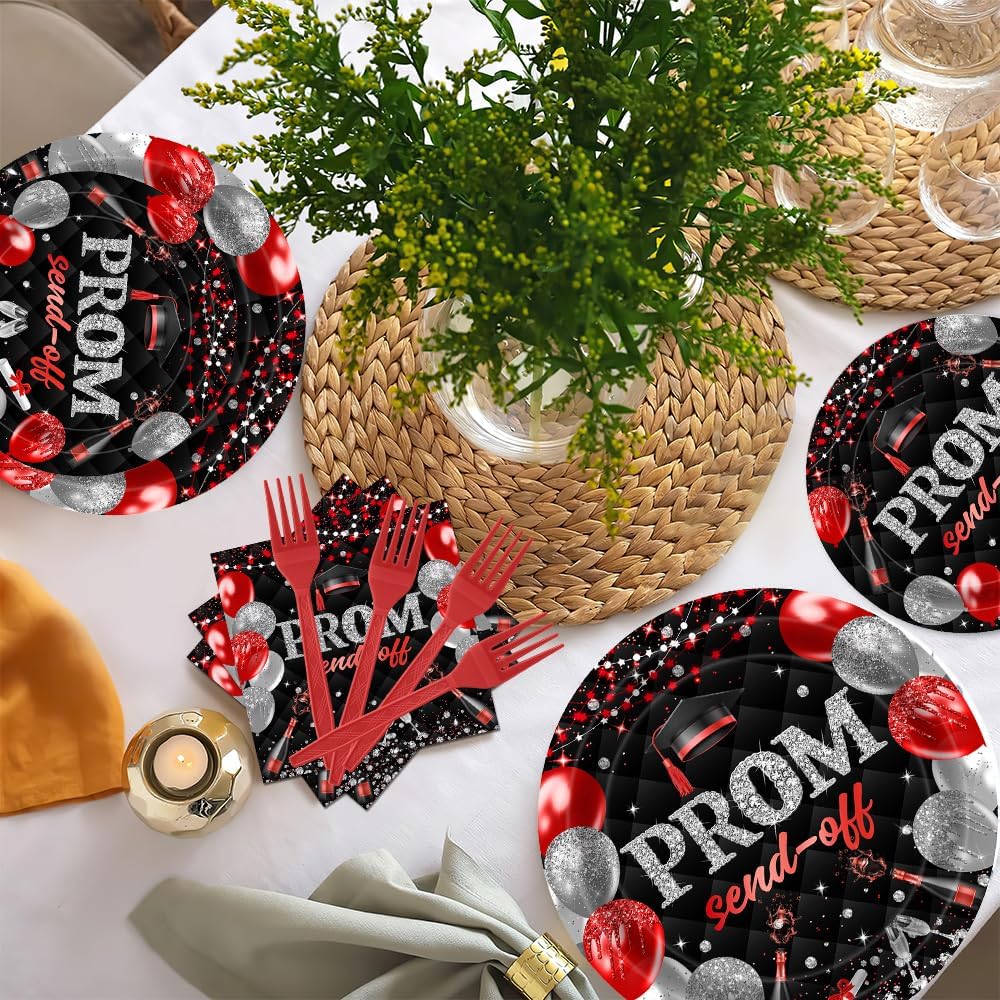 96Pcs Prom Send Off 2026 Graduation Party Tableware Supplies Red and Black Congrats Grad Plates and Napkins Class of 2026 Party Set Graduation Decorations Serve 24 Guests (Red)