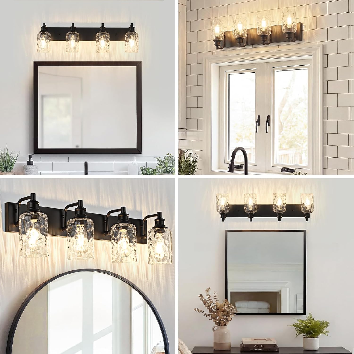 Bathroom Light Fixtures Over Mirror, 4 Lights Vanity Lights with Hammered Glass Shade, 30.8" Matte Black Farmhouse Bathroom Light Fixtures for Bedroom, Porch, Hotel, Mirror Cabinet