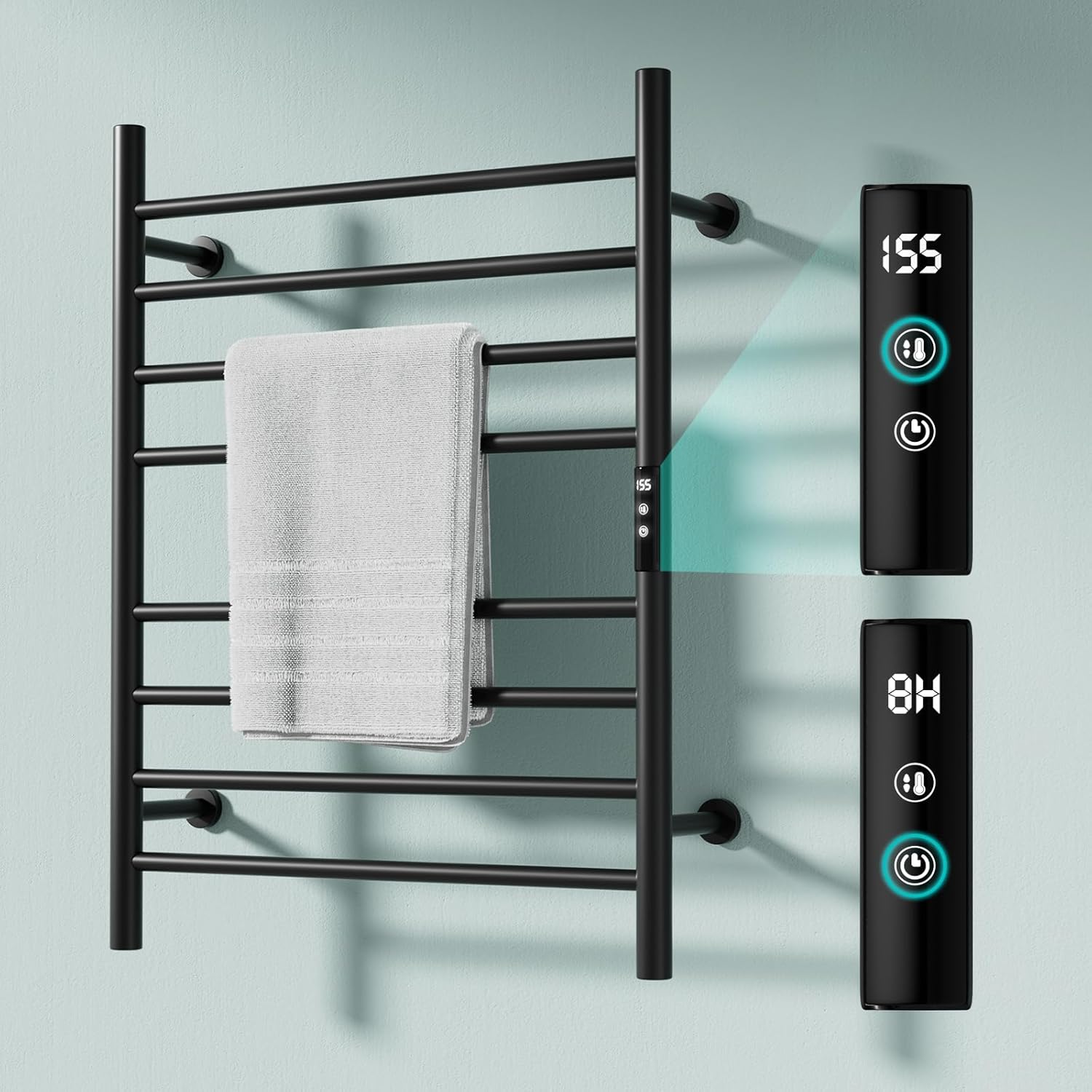 Wall Towel Warmer Rack for Bathroom - 8 bar Heated Towel Rack Timer and LED Indicator for Bathroom, Wall Mounted Electric Towel Rack, Aluminum Alloy Matte Black, Hard-Wired/Plug-in