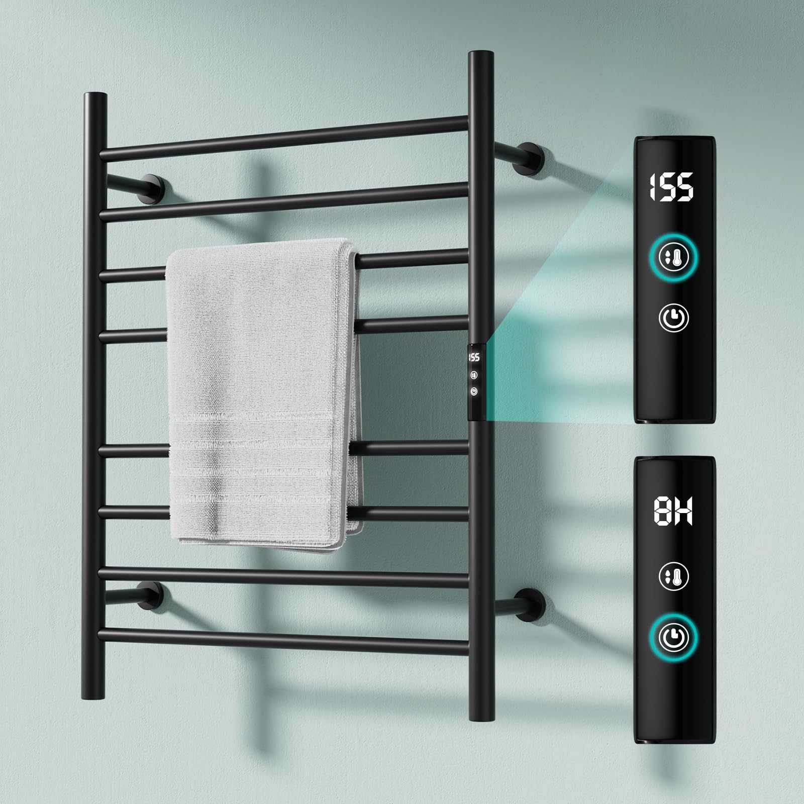 Wall Towel Warmer Rack for Bathroom - 8 bar Heated Towel Rack Timer and LED Indicator for Bathroom, Wall Mounted Electric Towel Rack, Aluminum Alloy Matte Black, Hard-Wired/Plug-in