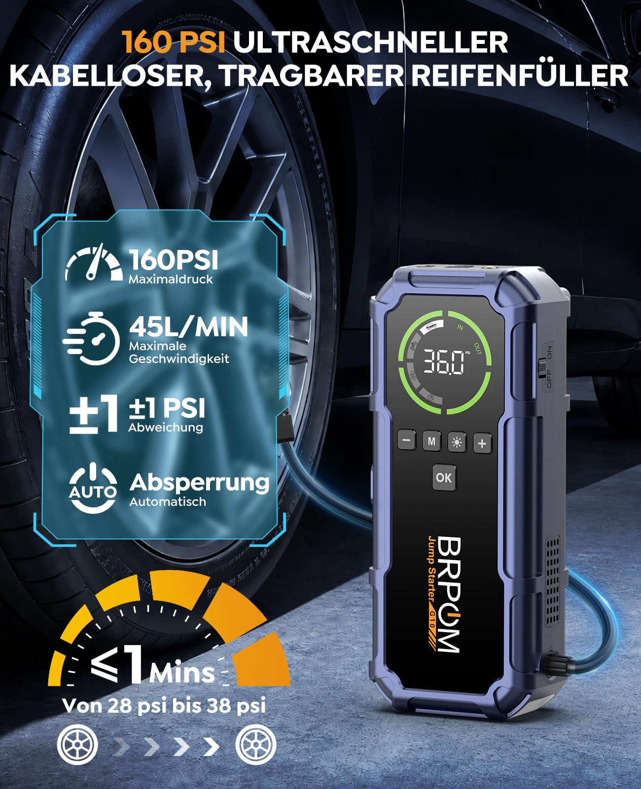 BRPOM Starthilfe Powerbank für Pkw mit Kompressor 160PSI,8000A Auto Starthilfe Powerbank für All Benzin und 12.0L Dieselmotor,Starter Powerbank Eingang/Ausgang und 600LUM LED-Licht Lila