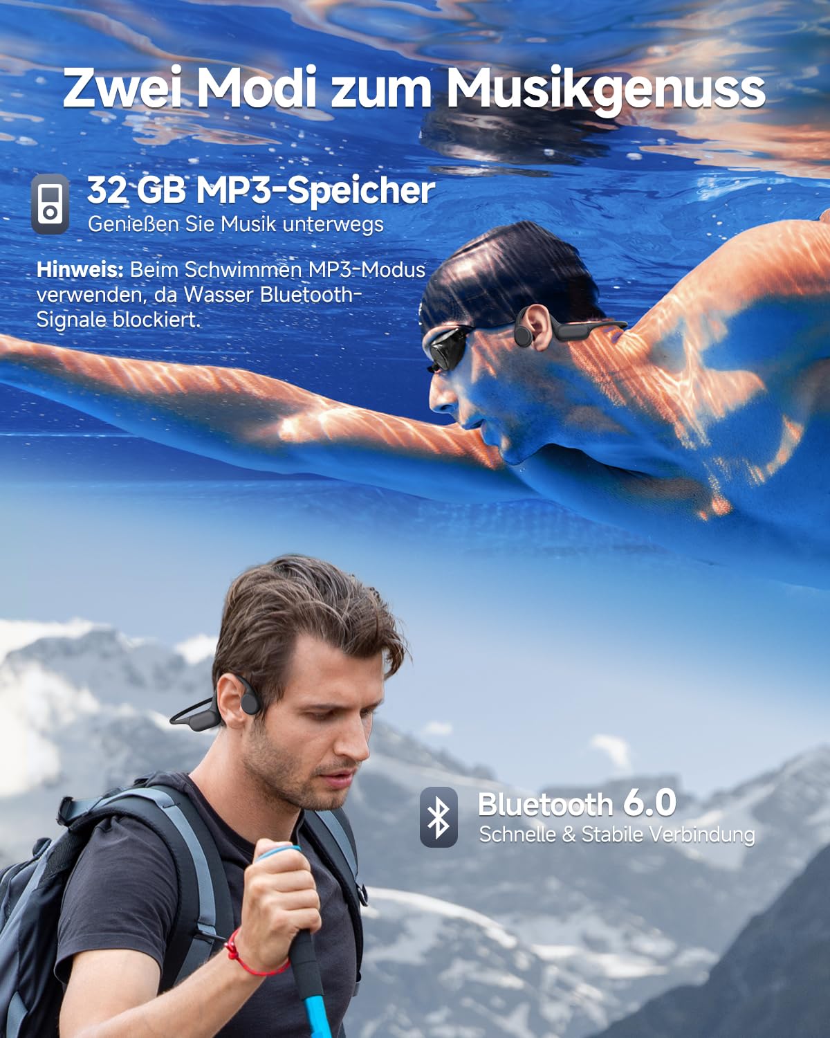 Knochenschall Kopfhörer Schwimmen Bluetooth 6.0, 32GB Speicher | IPX8 Wasserdichter Kopfhörer mit MP3-Player, 10H Laufzeit, Offene Sportkopfhörer für Schwimmen / Fitness / Laufen / Radfahren