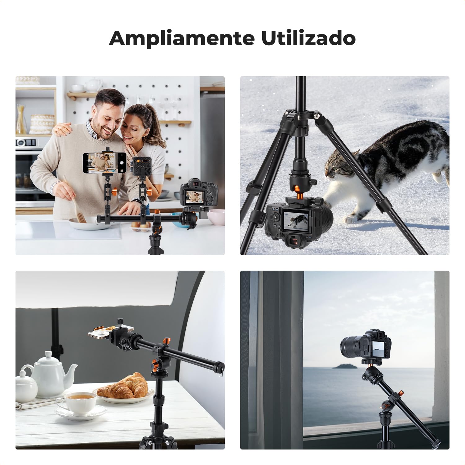 K&F CONCEPT O234A1+BH-36 Tripode Camara con Brazo Extensible 195CM, Trípode Viaje Cámara con Soporte de Teléfono, Trípode Ligero en Aluminio